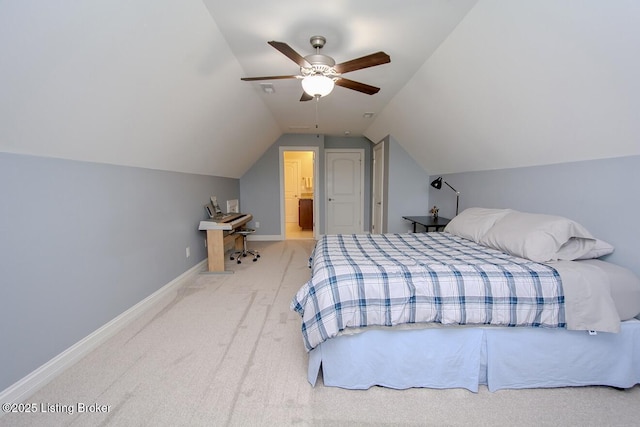 18705 Weymuth Ln, Louisville, KY 40245 - bedroom with carpet flooring, vaulted ceiling, baseboards, and ceiling fan