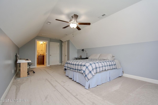 18705 Weymuth Ln, Louisville, KY 40245 - bedroom with light carpet, lofted ceiling, baseboards, a ceiling fan, and ensuite bath