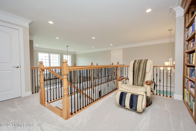 18705 Weymuth Ln, Louisville, KY 40245 - hall with an upstairs landing, carpet flooring, recessed lighting, ornamental molding, and baseboards