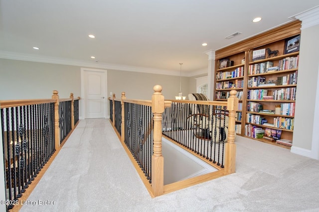 18705 Weymuth Ln, Louisville, KY 40245 - hallway with carpet, ornamental molding, an upstairs landing, recessed lighting, and baseboards