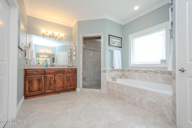 18705 Weymuth Ln, Louisville, KY 40245 - full bath featuring vanity, a garden tub, a chandelier, a shower stall, and ornamental molding