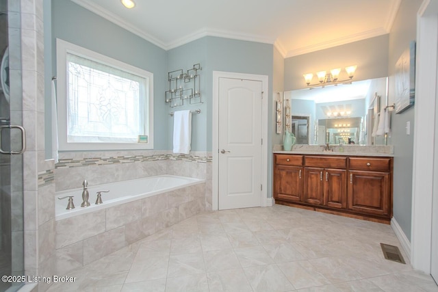 18705 Weymuth Ln, Louisville, KY 40245 - bathroom featuring a bath, ornamental molding, vanity, a chandelier, and a tile shower
