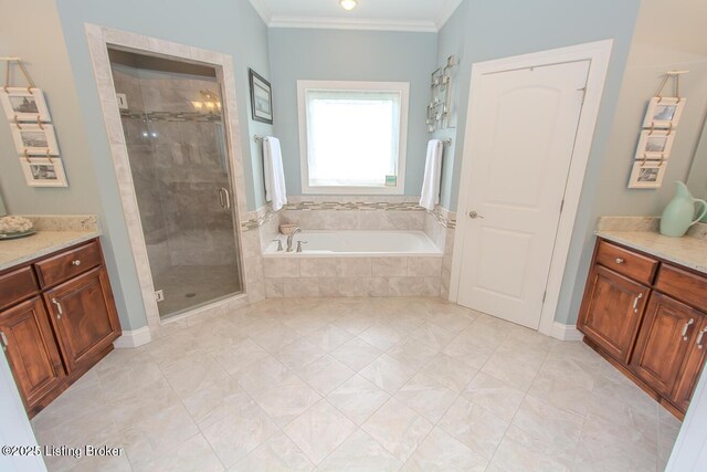 18705 Weymuth Ln, Louisville, KY 40245 - bathroom with a bath, a shower stall, ornamental molding, and vanity