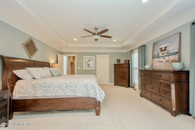 18705 Weymuth Ln, Louisville, KY 40245 - bedroom with light colored carpet, a tray ceiling, ornamental molding, ceiling fan, and recessed lighting