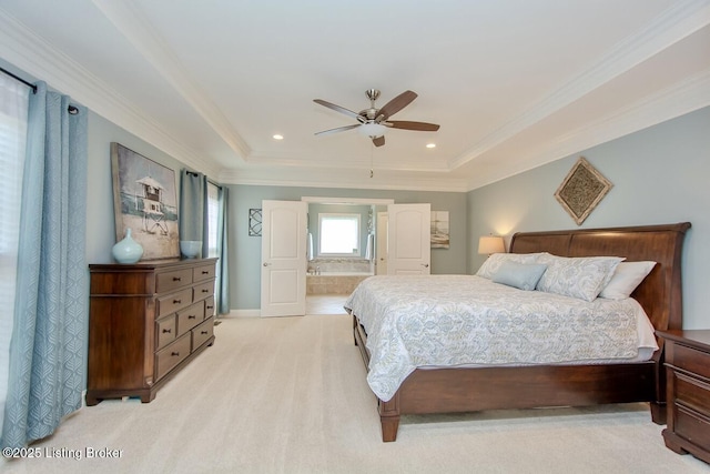 18705 Weymuth Ln, Louisville, KY 40245 - bedroom featuring light colored carpet, a raised ceiling, crown molding, a ceiling fan, and ensuite bathroom