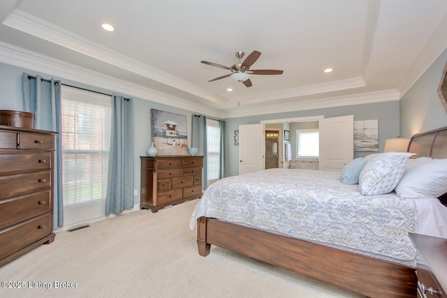 18705 Weymuth Ln, Louisville, KY 40245 - bedroom with light carpet, a raised ceiling, crown molding, recessed lighting, and ceiling fan