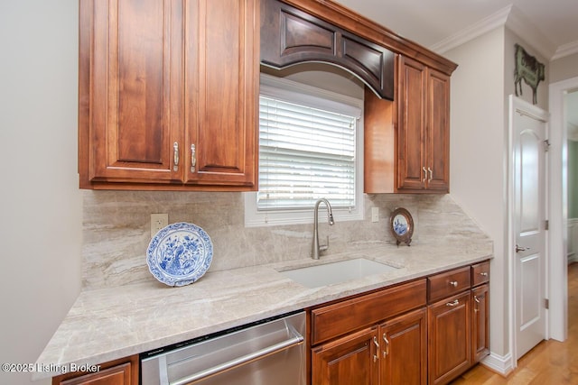 18705 Weymuth Ln, Louisville, KY 40245 - kitchen with stainless steel dishwasher, a sink, crown molding, backsplash, and brown cabinets