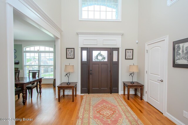 18705 Weymuth Ln, Louisville, KY 40245 - entryway with a high ceiling, light wood finished floors, and baseboards