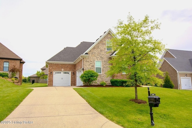 18705 Weymuth Ln, Louisville, KY 40245 - view of front of home featuring a front yard, driveway, brick siding, and stone siding