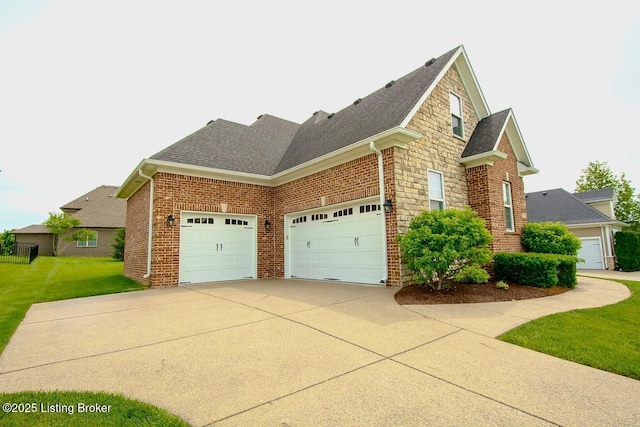 18705 Weymuth Ln, Louisville, KY 40245 - view of home's exterior featuring brick siding, an attached garage, roof with shingles, concrete driveway, and a yard