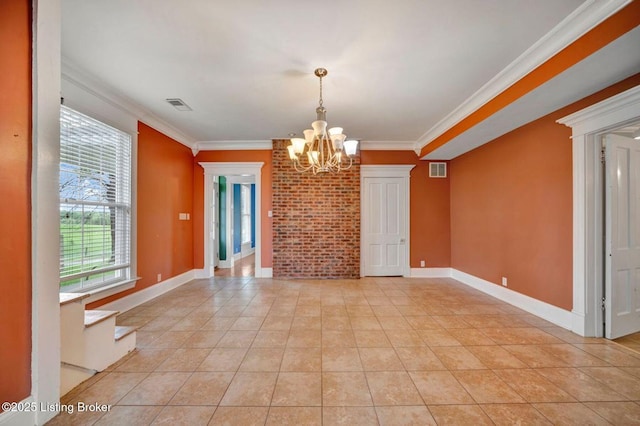 spare room featuring a chandelier, crown molding, light tile patterned flooring, and baseboards