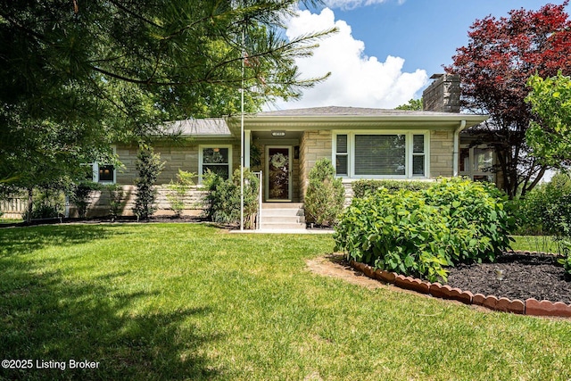 8703 Waltlee Rd, Louisville, KY 40291 - view of front facade featuring stone siding, a chimney, and a front yard