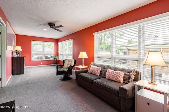 8703 Waltlee Rd, Louisville, KY 40291 - living area featuring a textured ceiling, ceiling fan, carpet, and baseboards