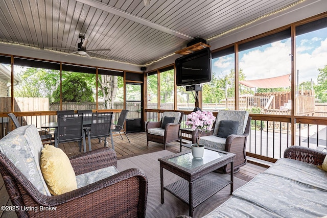 8703 Waltlee Rd, Louisville, KY 40291 - sunroom featuring outdoor lounge area, ceiling fan, and outdoor dining space