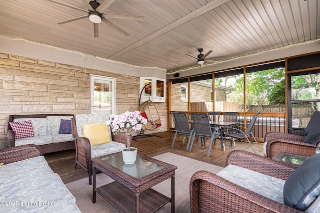 8703 Waltlee Rd, Louisville, KY 40291 - sunroom featuring ceiling fan, an outdoor hangout area, and outdoor dining area