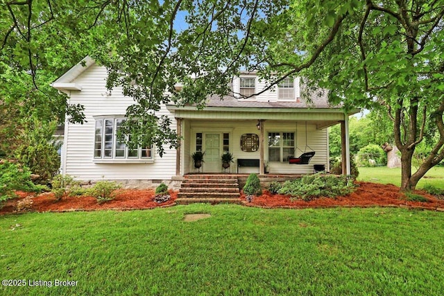 view of front facade featuring a porch, a front lawn, and crawl space