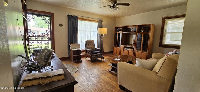 1766 Wilart Dr, Louisville, KY 40210 - living area featuring a ceiling fan, plenty of natural light, wood finished floors, a textured ceiling, and baseboards