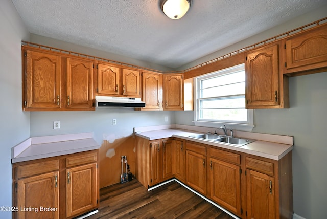 4433 Malcolm Rd, Louisville, KY 40216 - kitchen with a sink, under cabinet range hood, dark wood-style floors, brown cabinetry, and a textured ceiling