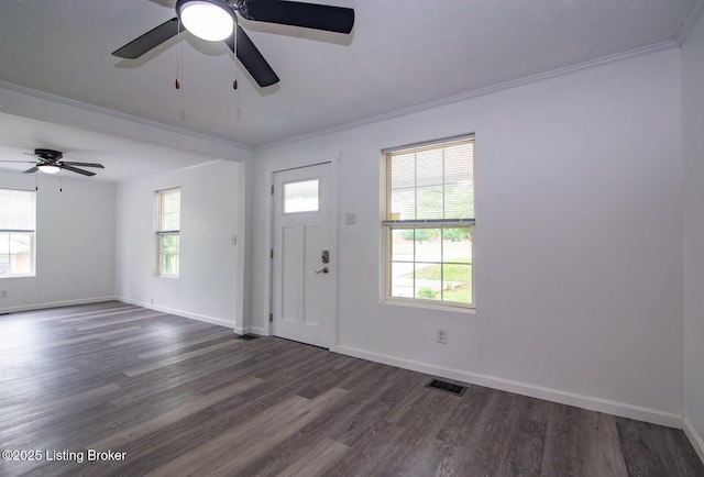 entrance foyer with ornamental molding, plenty of natural light, and dark wood finished floors