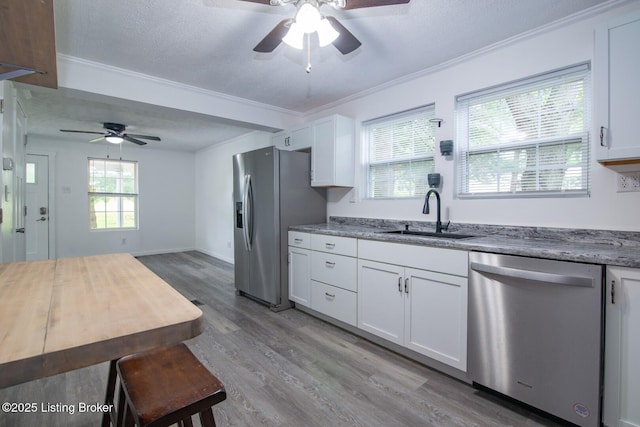 kitchen with appliances with stainless steel finishes, a sink, a ceiling fan, crown molding, and light wood-type flooring