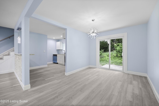 5319 New Cut Rd, Louisville, KY 40214 - unfurnished living room featuring light wood-type flooring, a chandelier, stairway, and baseboards