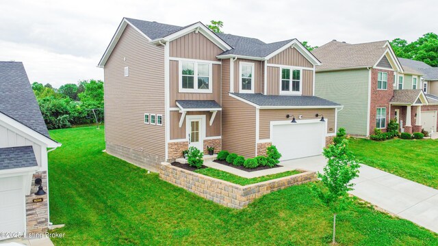 9206 Fox Chase Rd, Louisville, KY 40228 - craftsman inspired home featuring driveway, stone siding, an attached garage, board and batten siding, and a front yard