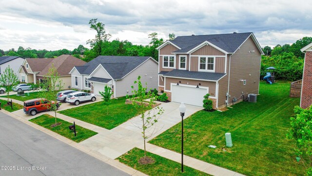9206 Fox Chase Rd, Louisville, KY 40228 - view of front of property with driveway, board and batten siding, a garage, a front yard, and cooling unit