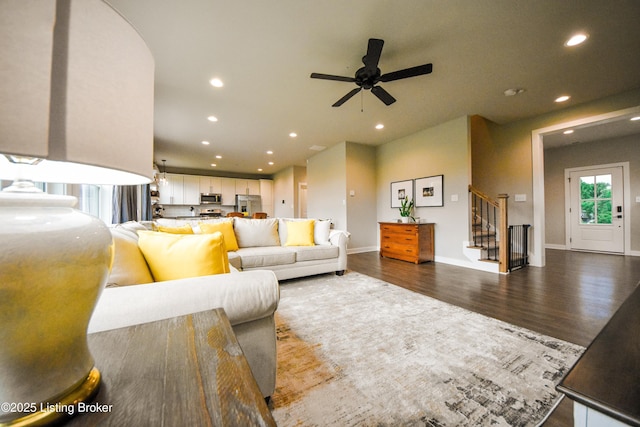 9206 Fox Chase Rd, Louisville, KY 40228 - living area featuring recessed lighting, dark wood finished floors, stairway, a ceiling fan, and baseboards