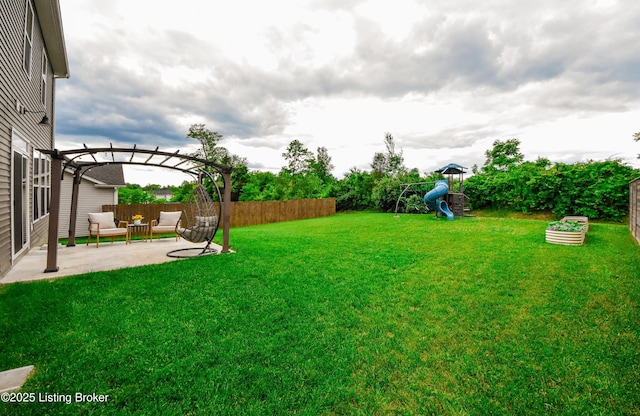 9206 Fox Chase Rd, Louisville, KY 40228 - view of yard featuring a patio, a playground, a pergola, and an outdoor living space