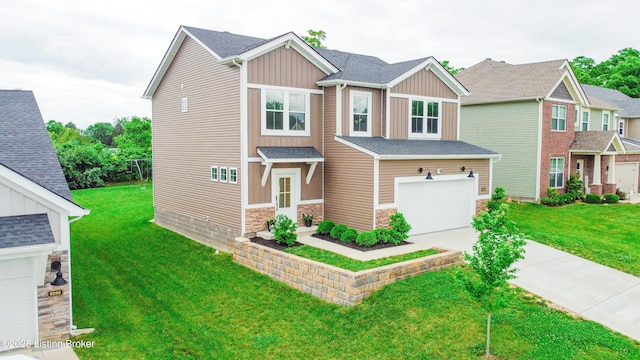 9206 Fox Chase Rd, Louisville, KY 40228 - craftsman inspired home featuring driveway, stone siding, board and batten siding, a garage, and a front lawn