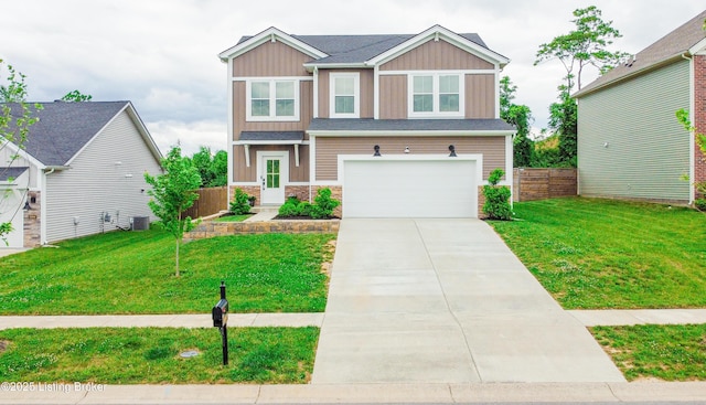 9206 Fox Chase Rd, Louisville, KY 40228 - craftsman house featuring a garage, stone siding, driveway, central AC unit, and board and batten siding