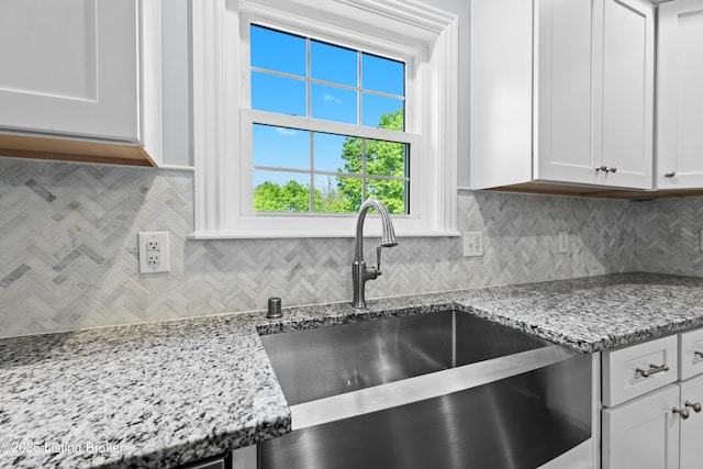 4026 Old Farm Dr, Crestwood, KY 40014 - kitchen with a sink, backsplash, white cabinetry, and light stone countertops