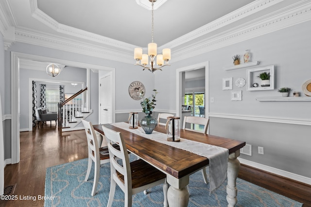 4026 Old Farm Dr, Crestwood, KY 40014 - dining space featuring a chandelier, dark wood-style floors, stairs, ornamental molding, and baseboards