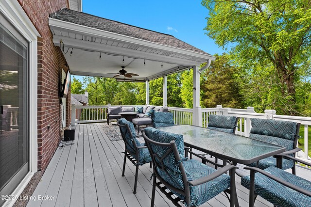 4026 Old Farm Dr, Crestwood, KY 40014 - deck featuring outdoor dining area, a ceiling fan, and an outdoor hangout area