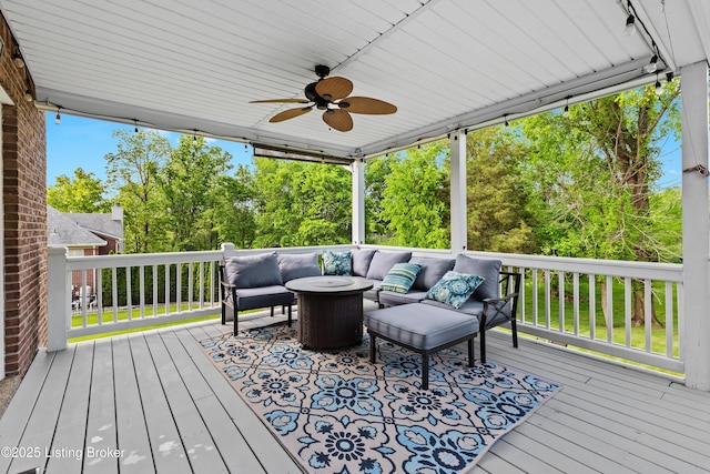 4026 Old Farm Dr, Crestwood, KY 40014 - wooden terrace featuring an outdoor living space, a ceiling fan, and view of wooded area