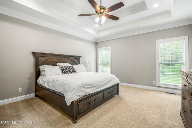 13412 Hampton Cir, Goshen, KY 40026 - bedroom featuring multiple windows, light colored carpet, baseboards, crown molding, and recessed lighting