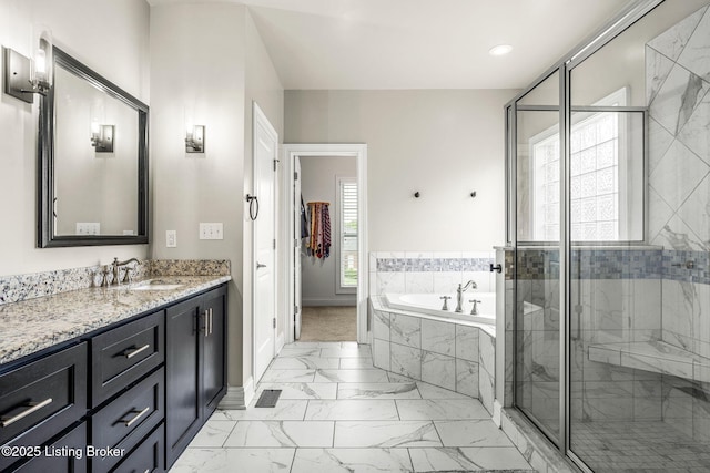 13412 Hampton Cir, Goshen, KY 40026 - full bathroom with vanity, a garden tub, marble finish floors, a stall shower, and baseboards
