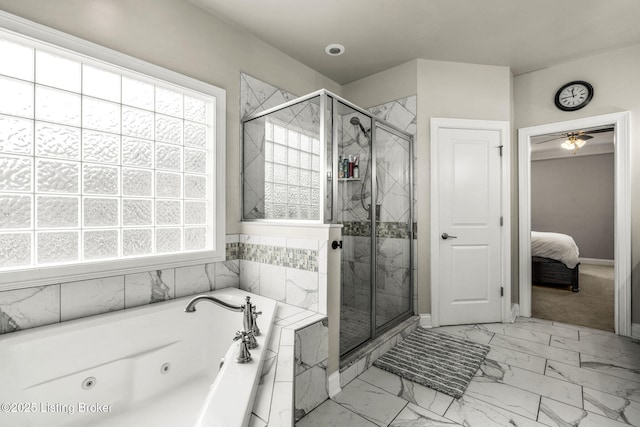 13412 Hampton Cir, Goshen, KY 40026 - full bath featuring a tub with jets, marble look tiles, a stall shower, ensuite bathroom, and baseboards