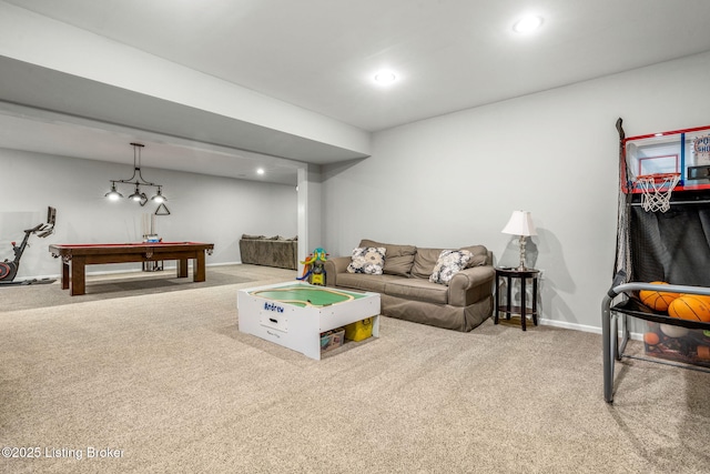 13412 Hampton Cir, Goshen, KY 40026 - living room with carpet, billiards, recessed lighting, and baseboards
