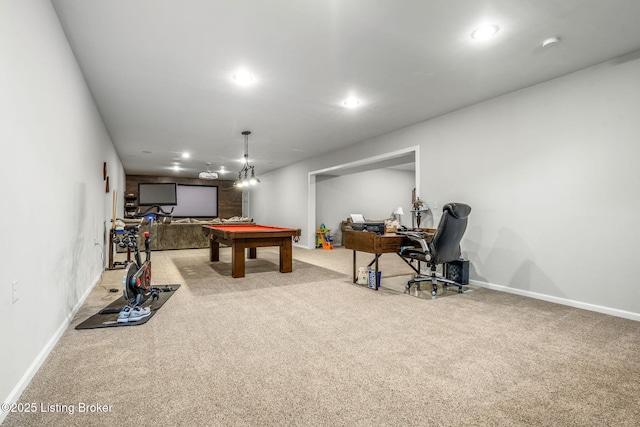 13412 Hampton Cir, Goshen, KY 40026 - playroom featuring carpet, pool table, baseboards, and recessed lighting
