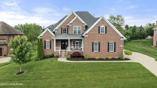 13412 Hampton Cir, Goshen, KY 40026 - traditional-style house with a porch, brick siding, a front lawn, and roof with shingles