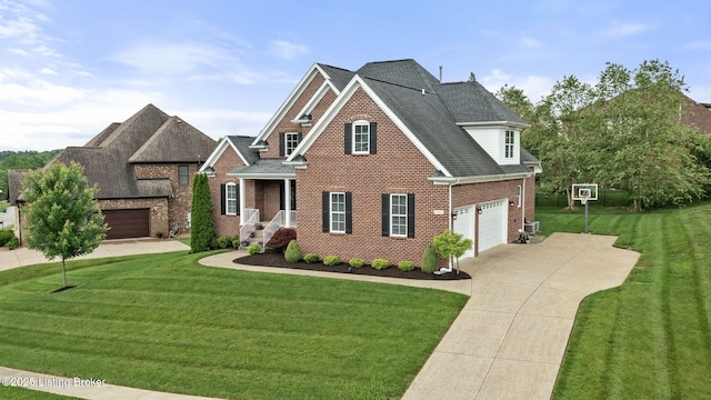 13412 Hampton Cir, Goshen, KY 40026 - view of front of property featuring brick siding, driveway, a front yard, an attached garage, and a shingled roof