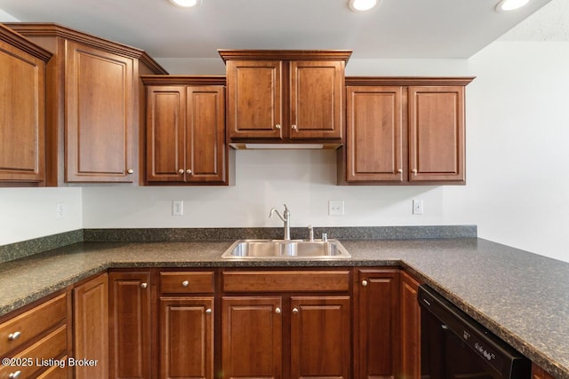 kitchen with a sink, dishwasher, dark countertops, brown cabinetry, and recessed lighting