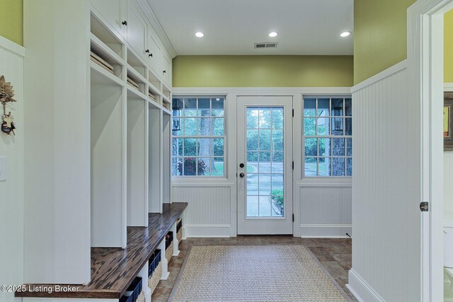 801 Shady Ln, Anchorage, KY 40223 - mudroom featuring a decorative wall, dark stone finish floors, and recessed lighting