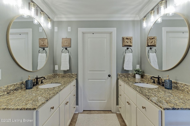 801 Shady Ln, Anchorage, KY 40223 - bathroom with two vanities, crown molding, and tile patterned flooring