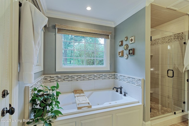801 Shady Ln, Anchorage, KY 40223 - bathroom with a tub with jets, a shower stall, and crown molding