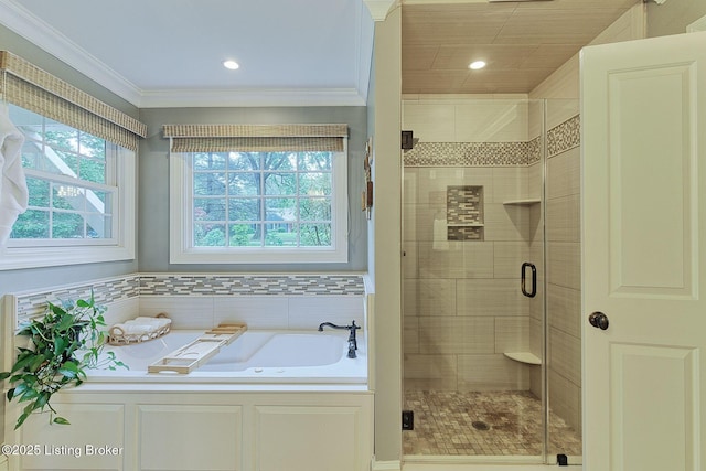 801 Shady Ln, Anchorage, KY 40223 - bathroom featuring a stall shower, a bath, ornamental molding, and recessed lighting