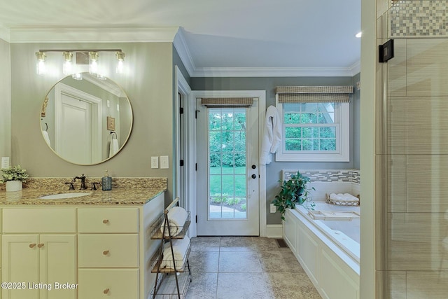 801 Shady Ln, Anchorage, KY 40223 - bathroom featuring vanity, healthy amount of natural light, a bath, crown molding, and tile patterned floors