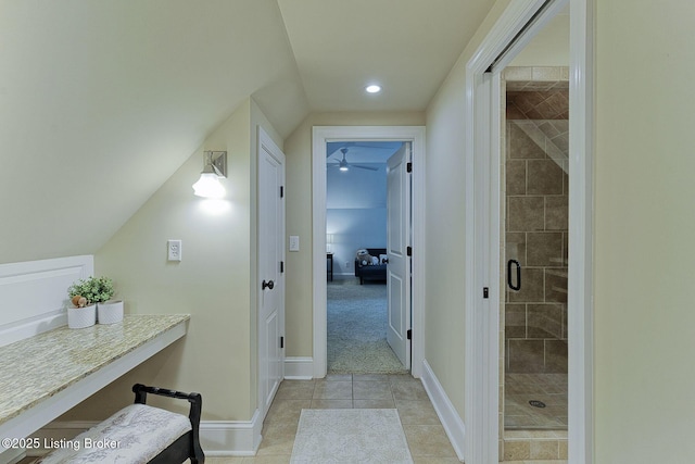 801 Shady Ln, Anchorage, KY 40223 - full bathroom with a stall shower, baseboards, tile patterned flooring, recessed lighting, and a ceiling fan