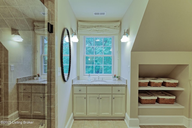 801 Shady Ln, Anchorage, KY 40223 - bathroom with vanity, a stall shower, tile patterned flooring, and baseboards